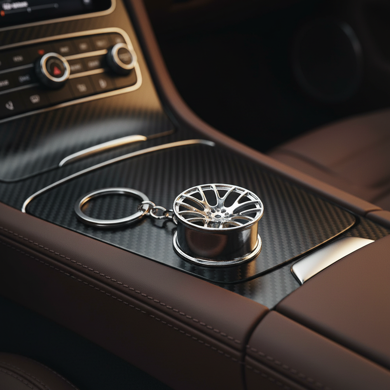 Chrome Alloy Wheel Rim Keychain in car interior