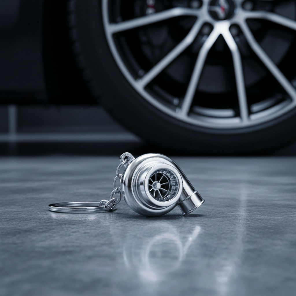 Silver Chrome Turbo Keychain in Automotive Setting